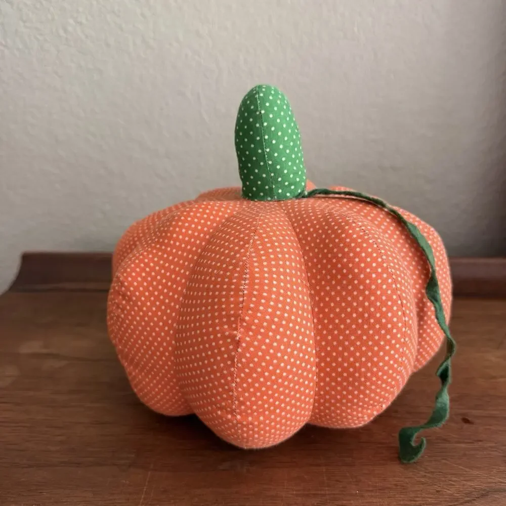 Homemade Pumpkin Throw Pillow Orange Green White Polka Dot 6 in